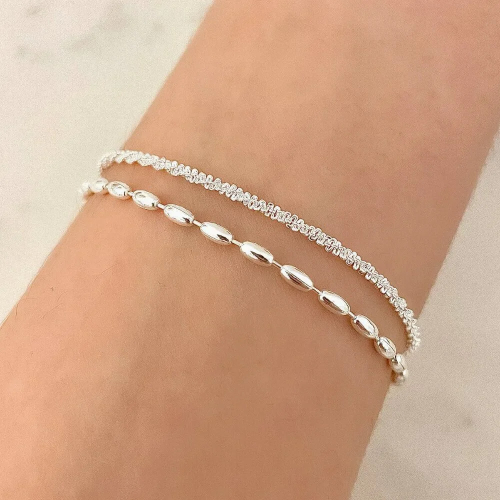 Sterling Silver Double Chain Layer Bracelet Shiny Sequin Dainty Chain Bracelet